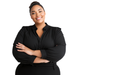 Confident woman standing with arms crossed, smiling warmly, wearing a black blouse, isolated on a clean background.