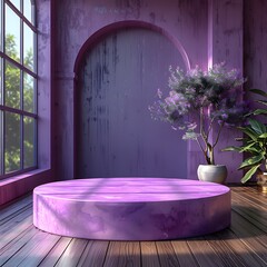 Modern luxury 3d round podium in violet tones designed for premium product presentation mockup scene using smooth elegant surfaces realistic textures professional minimalist branding.
