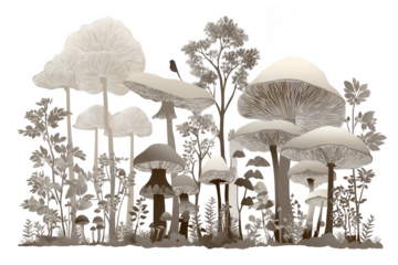 A whimsical forest scene with various mushrooms and foliage