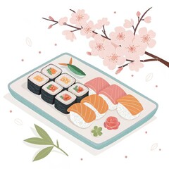 Fresh Sushi Platter with Cherry Blossom and Green Leaves Design