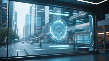 Futuristic Glass Panel Interface in a Modern City Setting
