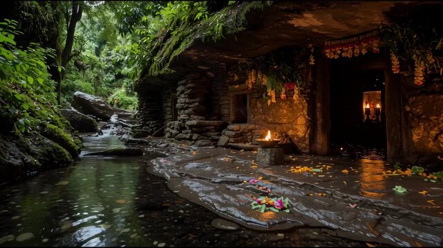 Hidden Ashram in Forest With Glowing Entrance is a mystical animated background perfect for dark fantasy visuals, ancient mythology reels, or spiritual storytelling scenes.