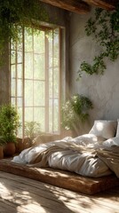 Cozy Green Bedroom with Natural Light and Indoor Plants Decor