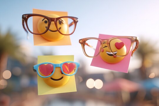 Colorful sticky notes with smiley face emojis and glasses floating in a sunny outdoor setting