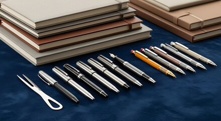 Elegant arrangement of journals and writing pens on a luxurious blue surface to showcase