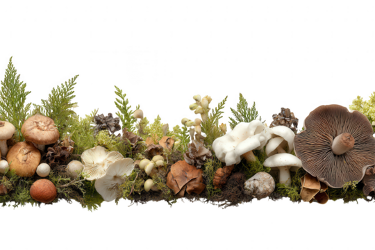 A variety of mushrooms and forest elements isolated on transparent background