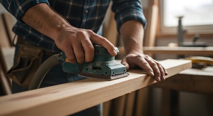 Man sanding a wooden plank with an electric sander in a workshop.