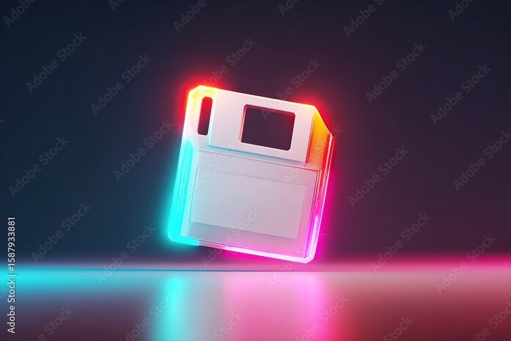 Poster neon floppy disk design floating in a dark space with vibrant glowing edges