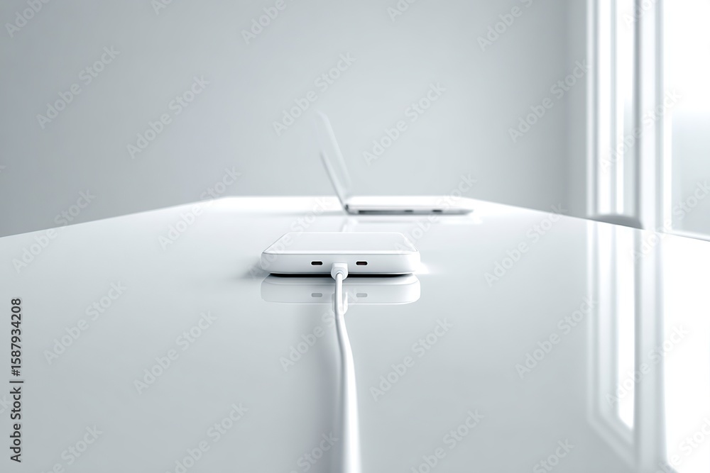 Poster modern workspace with minimalistic design featuring a laptop and a charging device