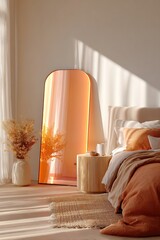 Glowing smart mirror reflecting warm light in a cozy bedroom with minimalist decor