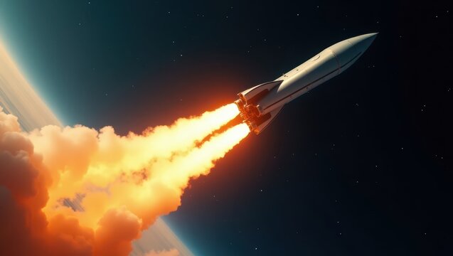 Rocket launch into space with fiery exhaust plumes.