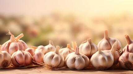 A collection of fresh garlic bulbs in a row.