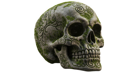 Ancient MossCovered Skull Sculpture.