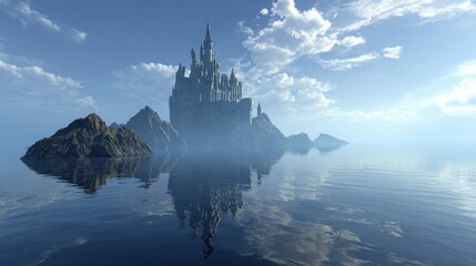 Mystical Castle Reflection in Serene Water Landscape with Clouds