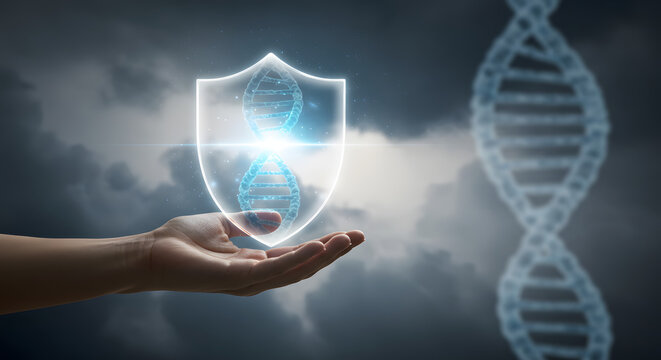 Human hand holding a glowing shield protecting a dna helix against a stormy sky