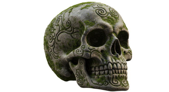 Ancient MossCovered Skull Sculpture.