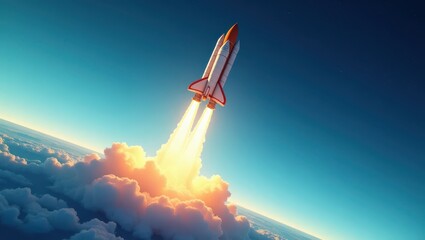 A rocket launches from a cloud layer into space.