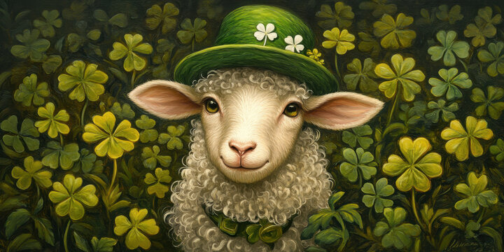 Сute fluffy lamb wears a green hat adorned with white clovers while surrounded by a field of lush green shamrock leaves looking directly forward.