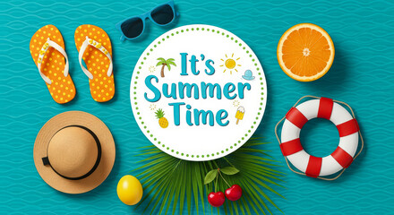 "It's Summer Time" banner with beach essentials, including flip-flops, sunglasses, hat, orange, lifebuoy, and fruit on a blue background