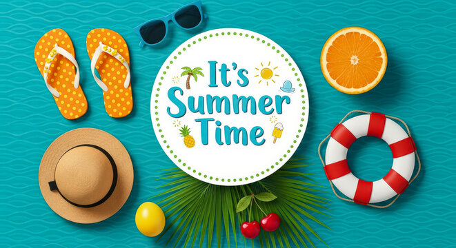 "It's Summer Time" banner with beach essentials, including flip-flops, sunglasses, hat, orange, lifebuoy, and fruit on a blue background