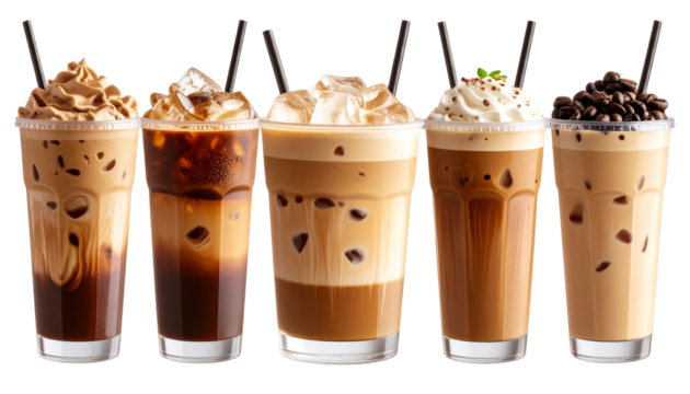 Set of delicious iced coffee drinks in clear cups, featuring visible ice cubes, creamy layers, and straws or lids. PNG format with transparent background.