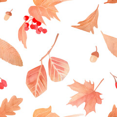 Seamless autumn pattern with leaves and berries of muted colors. The background is hand painted in watercolor the harvest season. for textiles, napkins, wrapping paper, postcards, decor, stationery