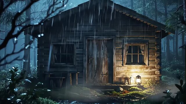 Rainy Night Cabin: Cozy Lantern Light in Forest Downpour Video