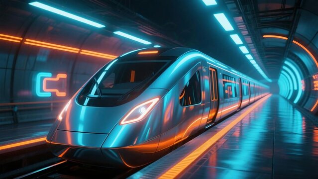 Futuristic High-Speed Train in Neon-Lit Subway Tunnel