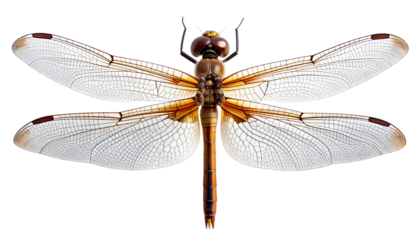 Dragonfly with delicate transparent wings, slender body, shown in realistic colors. Isolated on a white or transparent PNG background