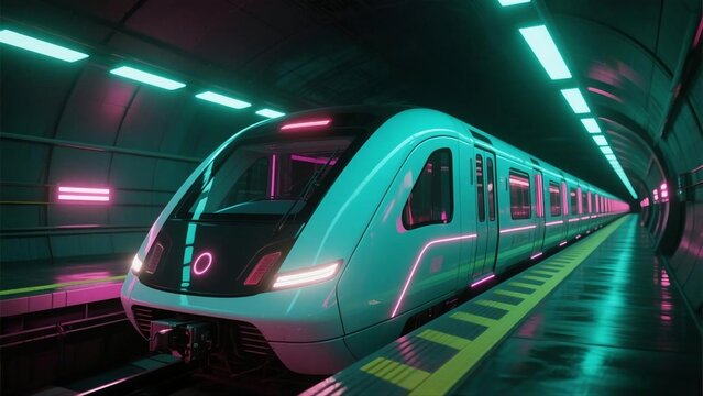 Futuristic High-Speed Train in Neon-Lit Subway Tunnel