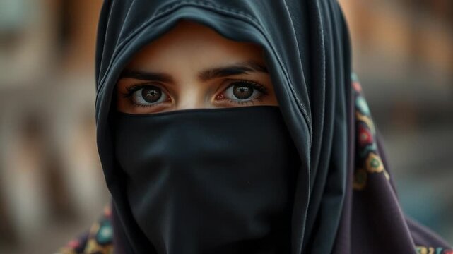 Closeup portrait of a woman wearing a black hijab and niqab, with her expressive eyes visible