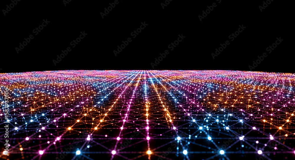 Poster abstract digital network of glowing points and lines, creating a futuristic landscape.