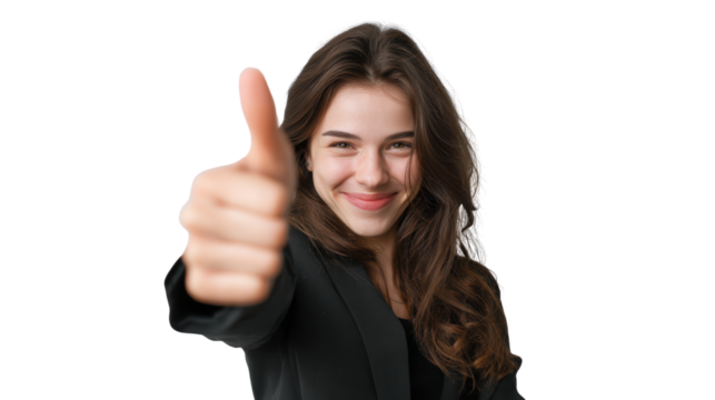 Happy woman giving a thumbs up, isolated on white background.