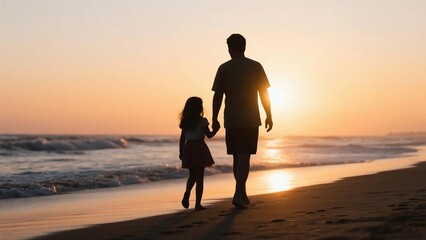 Father and daughter Walking on Beach at Sunset