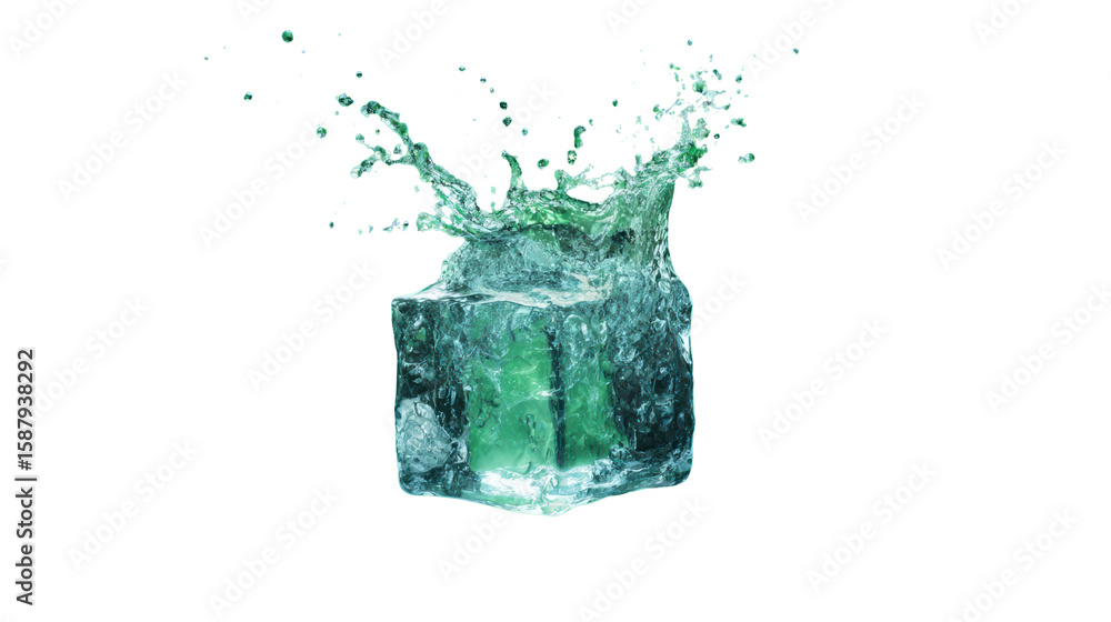 Poster ice cube splashing in water, creating dynamic droplets and ripples for refreshing visuals.