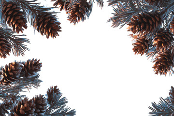 Naklejka premium Pine cones on branches form a winter border isolated on transparent background