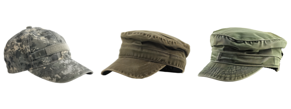 military style caps shown with transparent background
