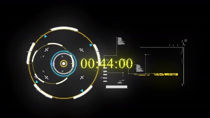 High-tech countdown timer with cyberpunk-style HUD graphics. Yellow digital numbers overlay a rotating circular interface and schematics, perfect for futuristic technology, UI motion graphics, sci-fi  - Powered by Adobe