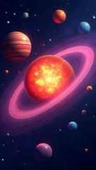 Colorful Abstract Solar System with Glowing Planets and Rings in Outer Space