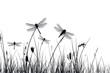 Dragonflies flying in tall grass isolated on transparent background