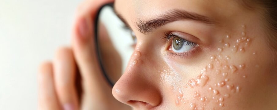 Skin problem treatment, woman examining  on her face in the mirror, considering solutions for her skin concerns, Generative AI