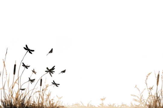 Dragonflies fly among reeds on a white background