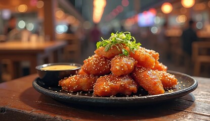 Street food: Korean fried chicken with sesame seeds and green onions with a blurred background. AI generated