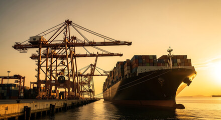 Fototapeta premium Cargo ship loading at port with cranes during sunset container v