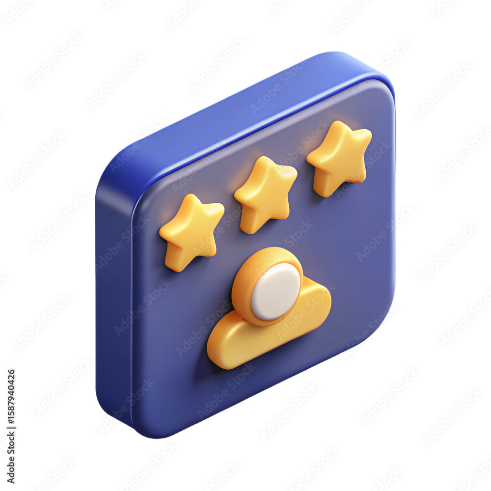 Poster 3d isometric user feedback icon with three stars on a blue background for website and app design, fe