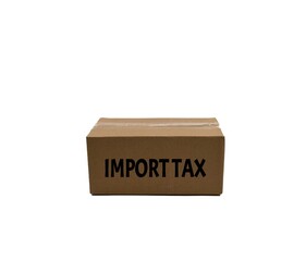Cardboard Box Labeled with Import Tax Isolated on White Background