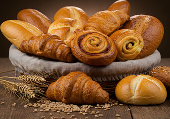 Assorted Artisan Breads and Pastries in Rustic Basket on Wooden Table – Freshly Baked, Gourmet Texture, High-Resolution Food Photography