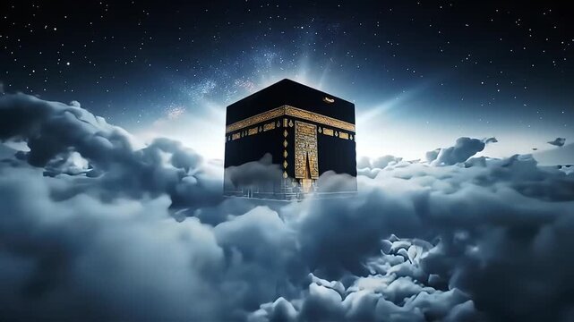 Kaaba Floating Above Clouds at Night
