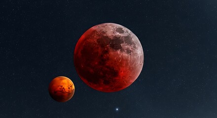 Naklejka premium Ethereal vision of mars and the moon during a lunar eclipse against a starry night sky