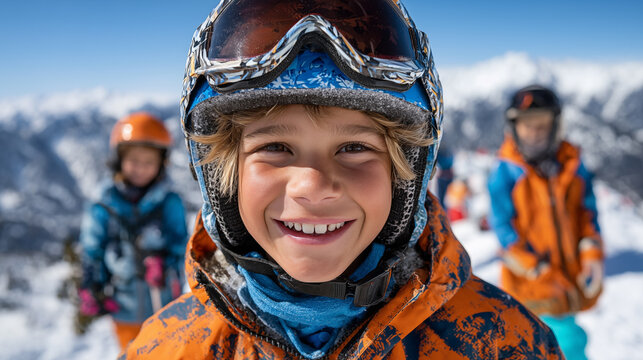Portrait of smiling boy in helmet and goggles against snow covered mountains
